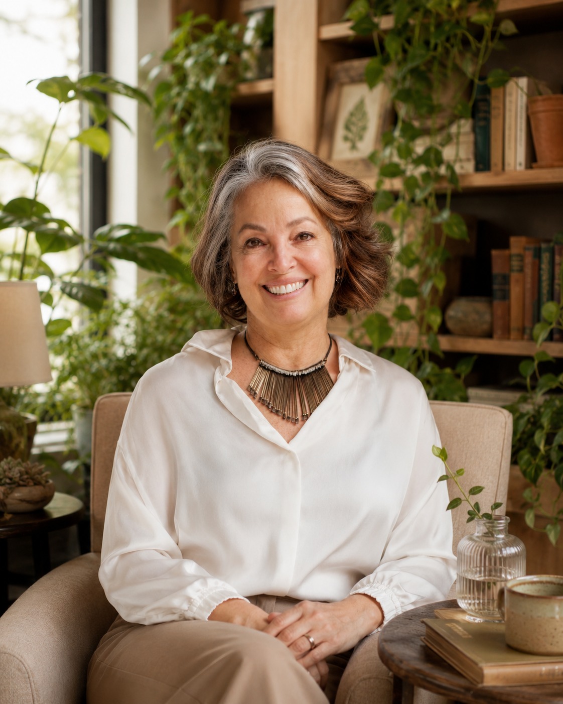 Adriana Moore Amaral, terapeuta, em ambiente acolhedor com plantas e livros, sorriso sereno.