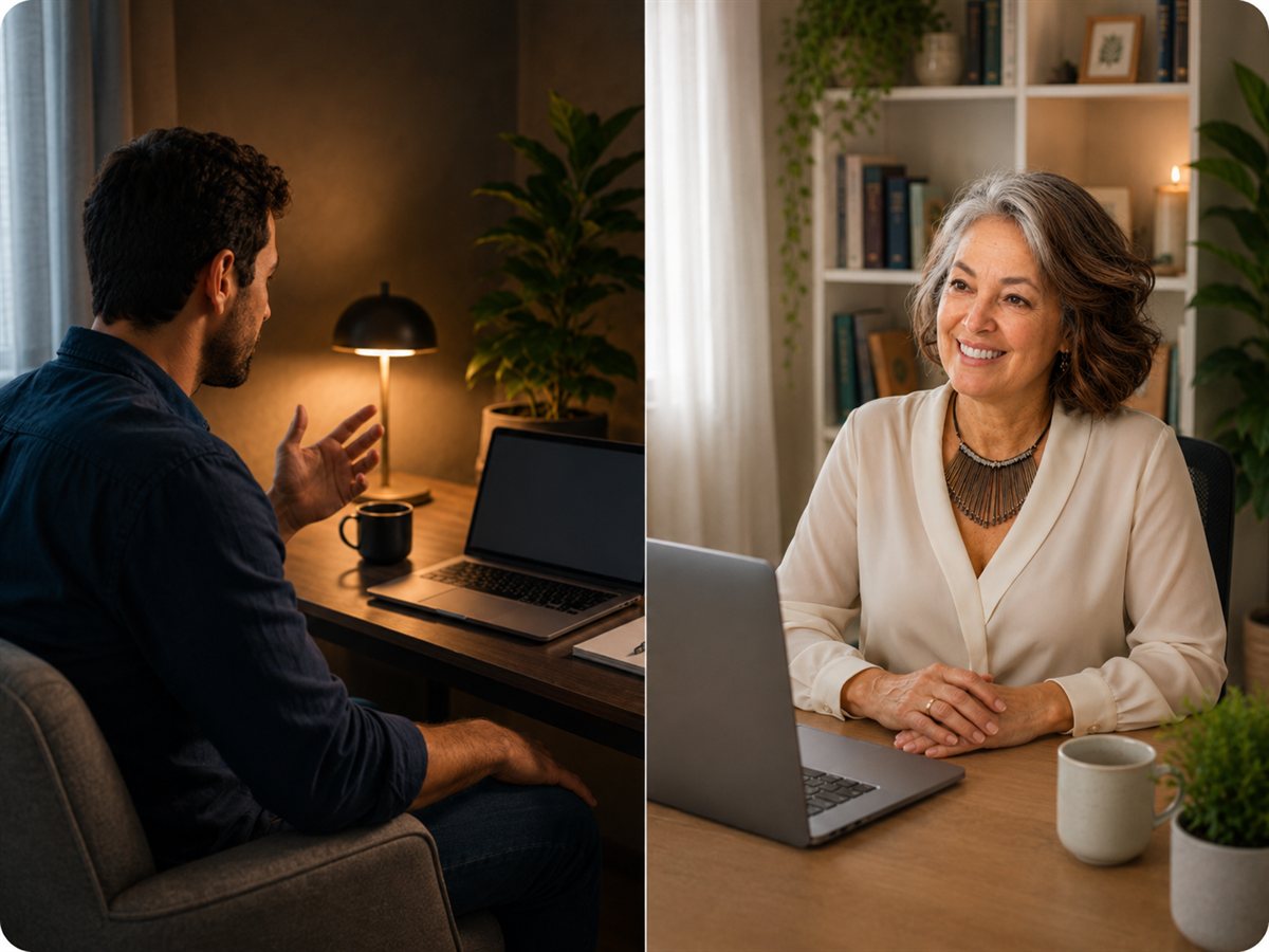 Cliente em chamada por laptop no seu ambiente e Adriana sorrindo no laptop dela, sem contato visual, conversa por áudio.